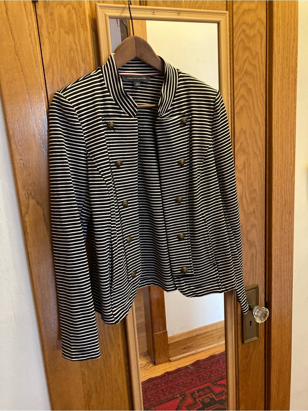 Tommy Hilfiger Striped Military Blazer Navy White Gold Crest Buttons Small S/P